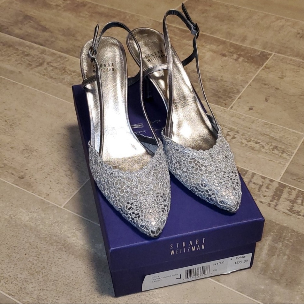 STUART WEITZMAN Pewter Swiss Lace Heels